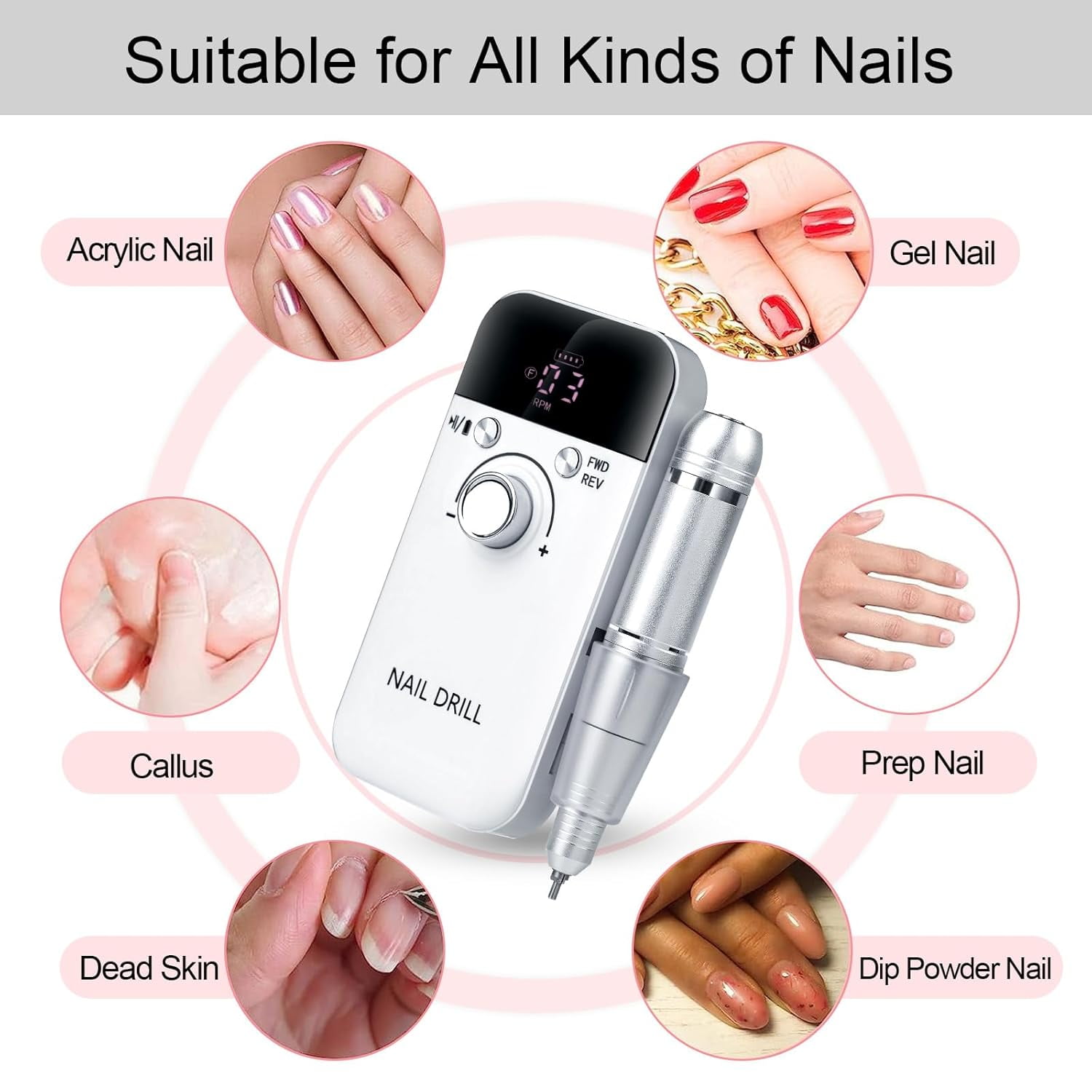 Yzhappy Electric Nail Drill Professional 45000RPM, Rechargeable Nail Drill Kit Portable Electric Nail File for Acrylic Nails Gel Polishing Removing Nail Drill Machine for Manicure Salon Home, White