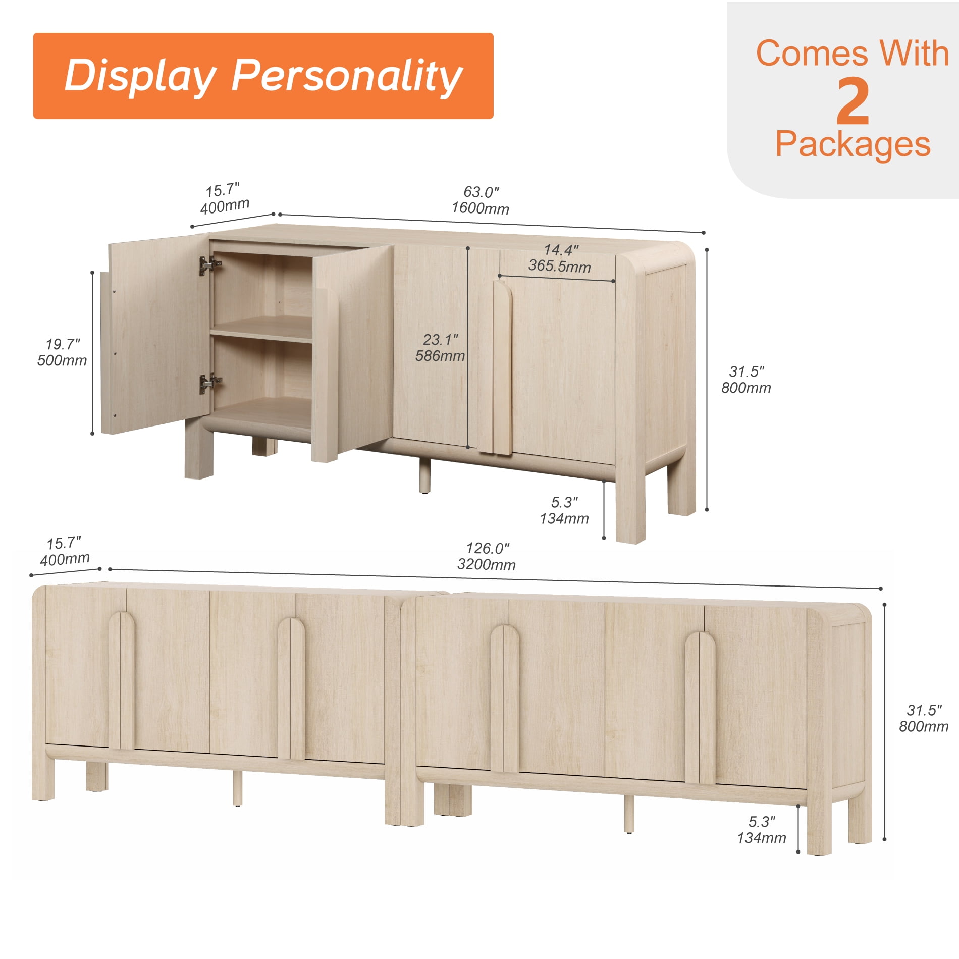 126" Accent Cabinet with 8 Doors and Adjustable Shelves, Modern Credenza Storage Cabinet with Curved Profile Design for Living Room, Kitchen, Dining Room, Hallway