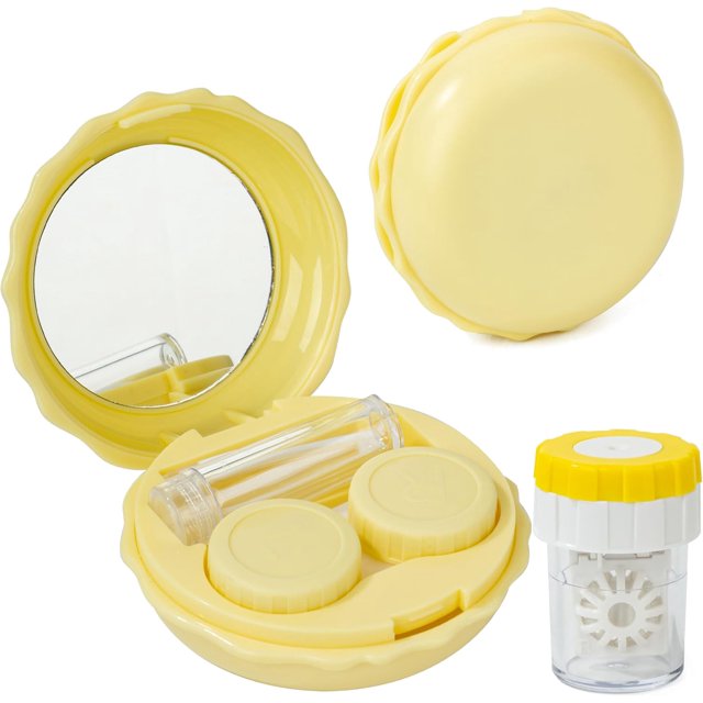 1 Pcs Yellow Macaron Contact Lens Travel Case with Cleaner Portable Contact Box with Mirror Tweezers Solution Bottle