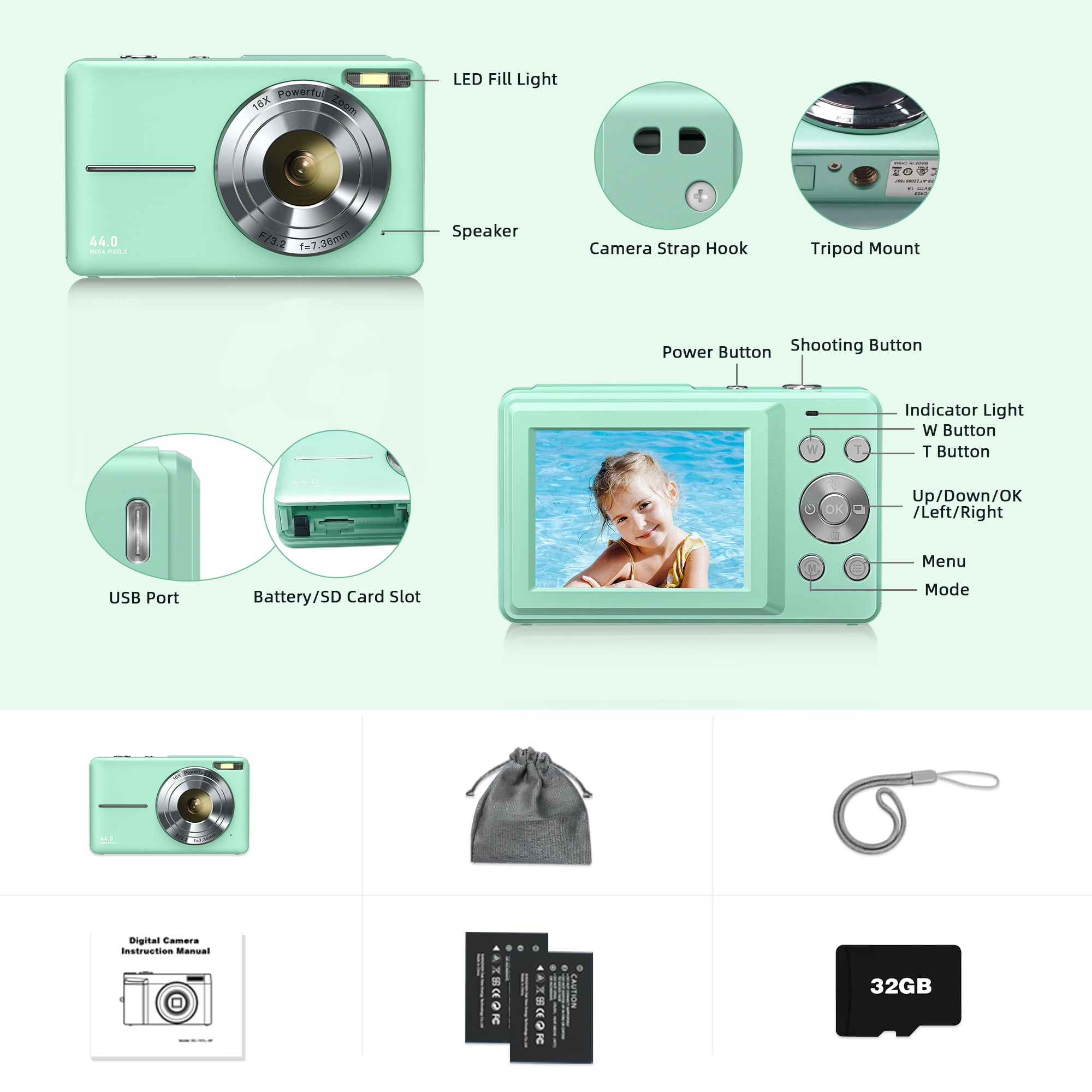 FHD 1080P 44MP Digital Camera with Anti-Shake & 16X Zoom - Compact Point and Shoot for Kids, Teens, Students (Green)