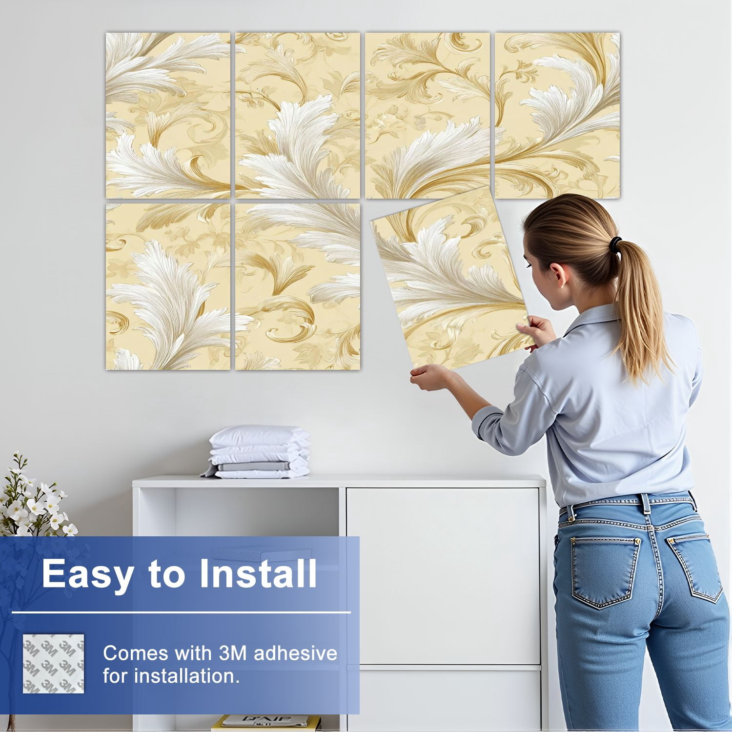 8 Pack Art Acoustic Panels Sound Absorbing Elegant Gold White Baroque Decorative Soundproof Wall Panels Self Adhesive for Nursery Game Room Bedroom 48"x32"