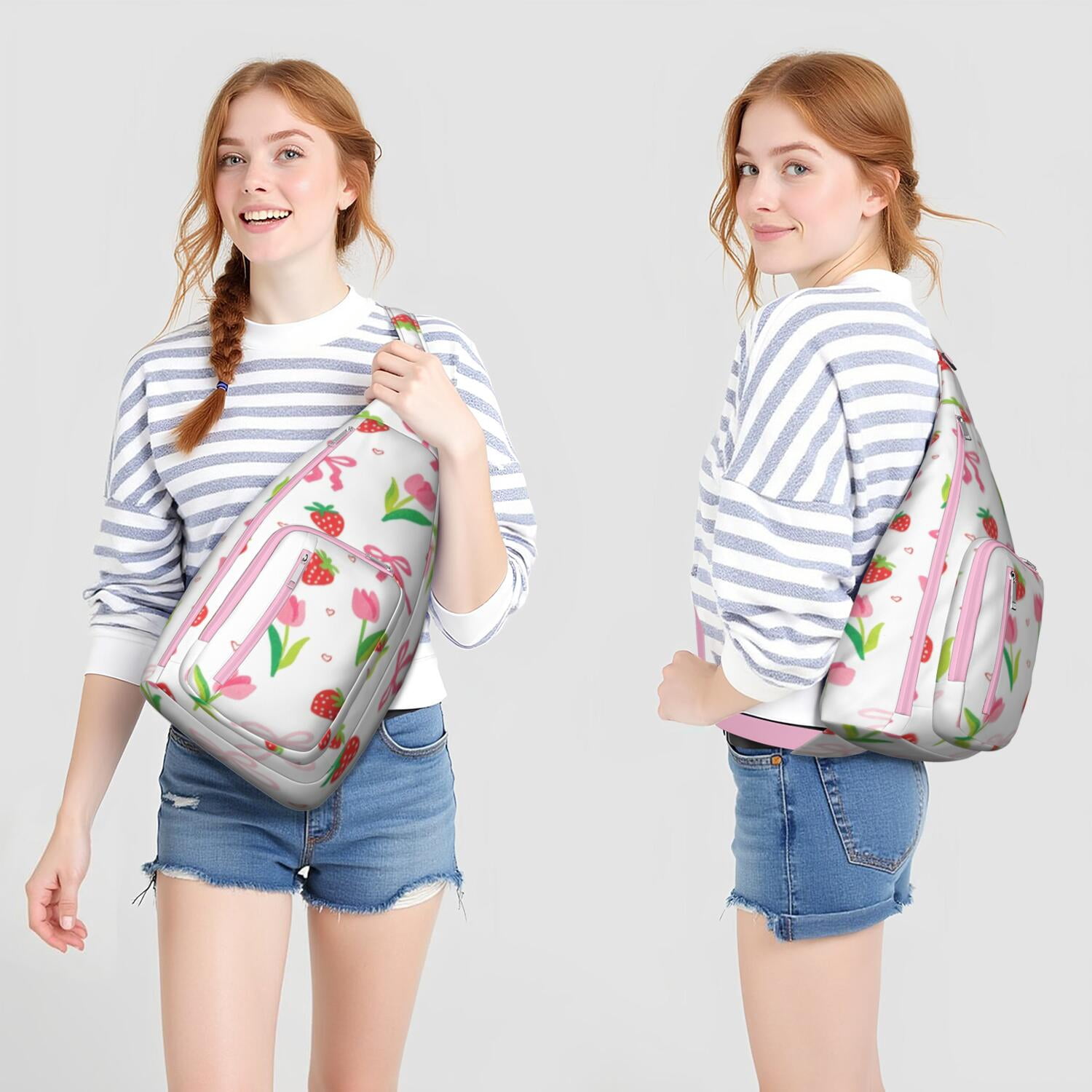 Stylish Chest Sling Bag Strawberry Bow Crossbody Shoulder Backpack Adjustable Lightweight Travel Hiking Casual Daypack for Women Men
