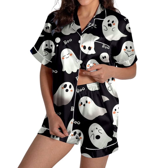 Puliio Halloween Womens Pajamas 2 Piece Set Short Sleeve Notch Collar Top Cartoon Ghost Print Soft Sleepwear Nightwear Sets with Pocket