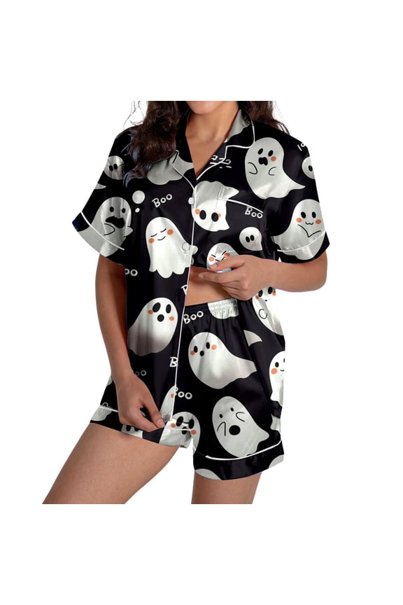 Ladies Halloween Pumpkin Printed Silk Satin Short Sleeve Button Sleepwear Set Black,S