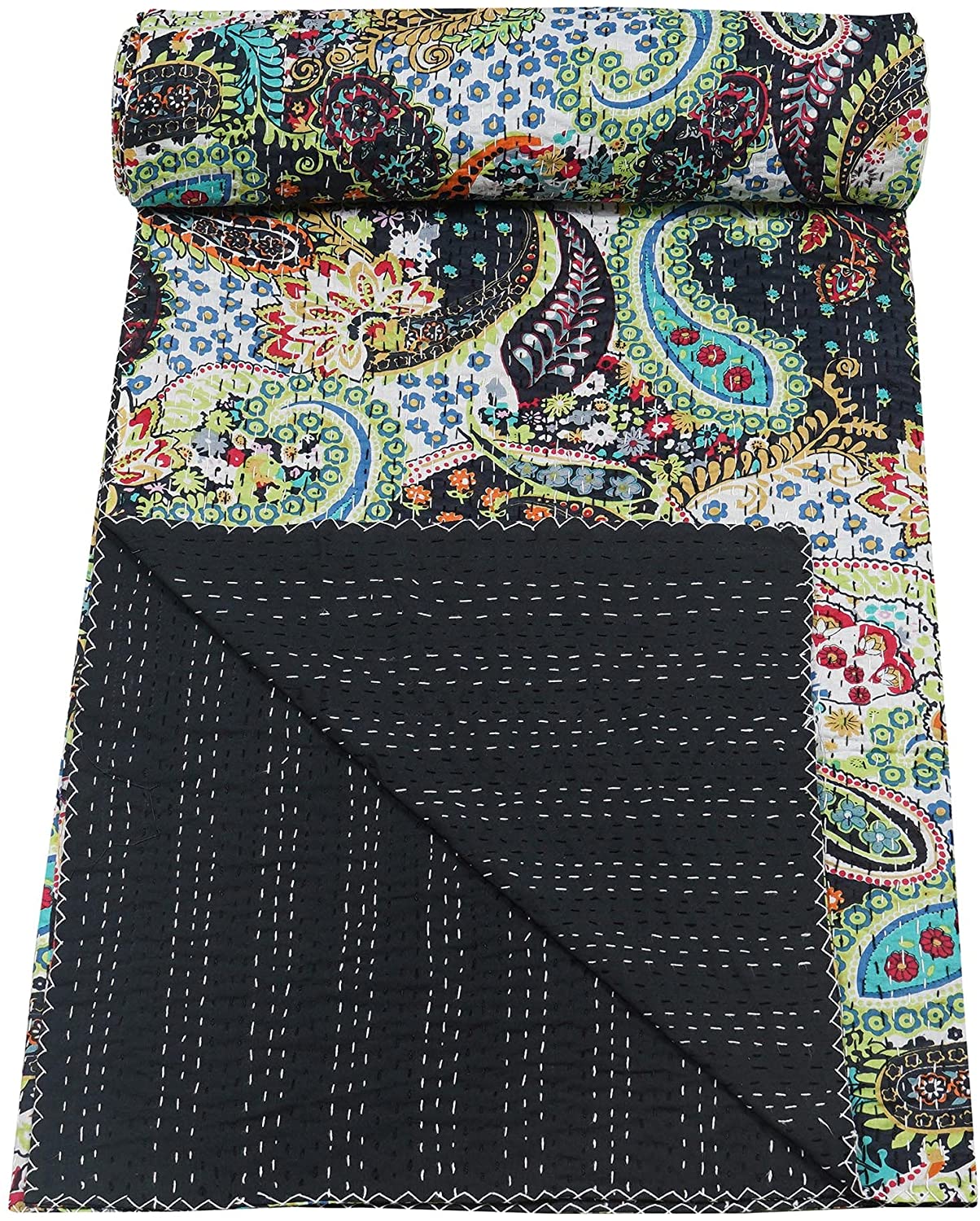 Vintage Handmade Kantha Quilt Indian Traditional Bed Cover Throw Paisley Printed Kantha Quilts (Black Color, King (90x108 Inch)