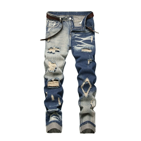 Luwomo Mens Jeans Style Slim Fit Long High Waist Straight Leg Trousers Color Block Design All Seasons Streetwear Denim Pants Blue,32