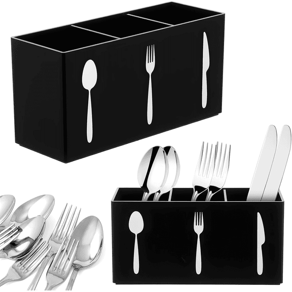 LZLINGMEI 1PC Acrylic Cutlery Storage Organizer,Silverware Countertop Knife Spoon and Fork Holder Kitchen,3 Section Tableware Storage Box for Cabinet Home Flatware Dining Room(Black)