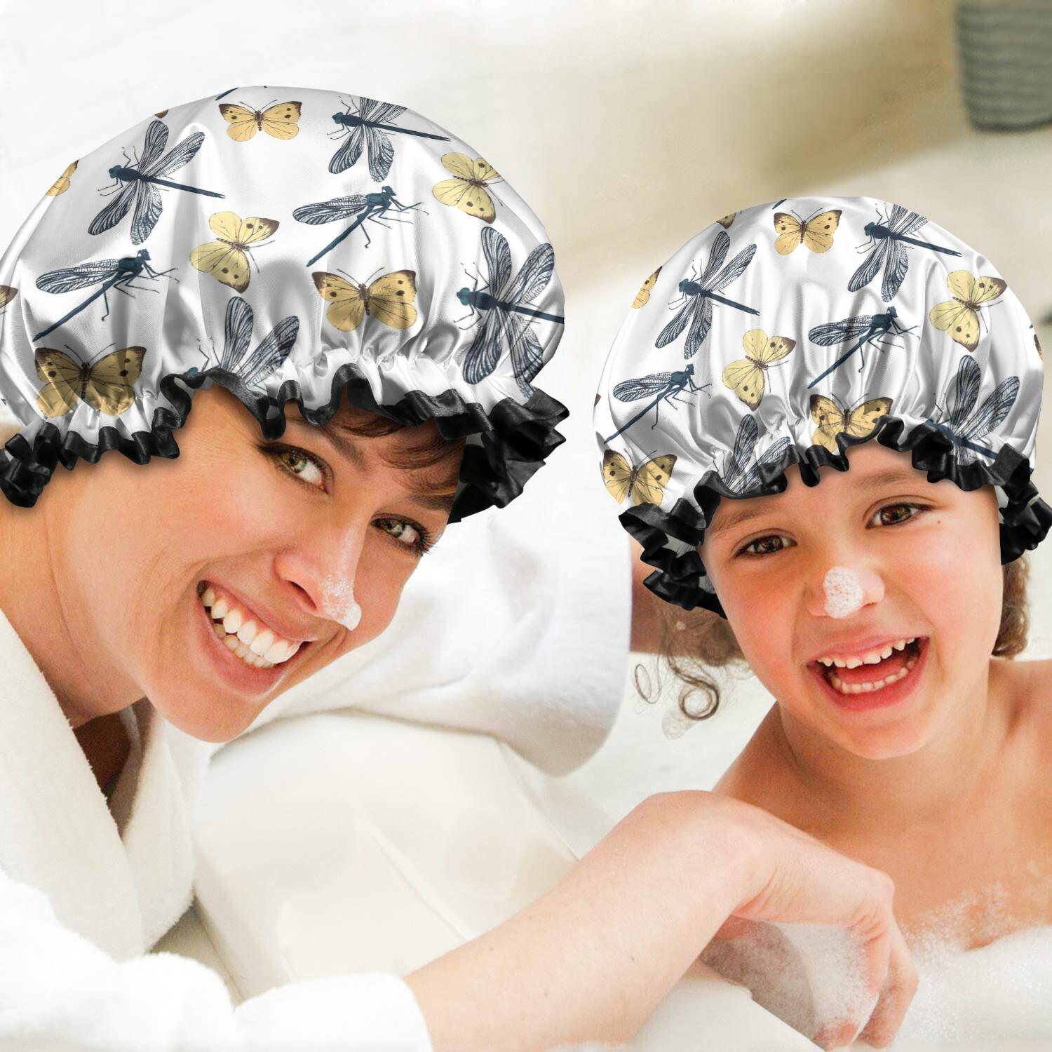 Shower Caps,White Butterfly Dragonfly Pattern Waterproof Shower Cap for Women 4 Pieces,Double Reusable Hair Cover for Shower PEVA Elastic Stretch Hem