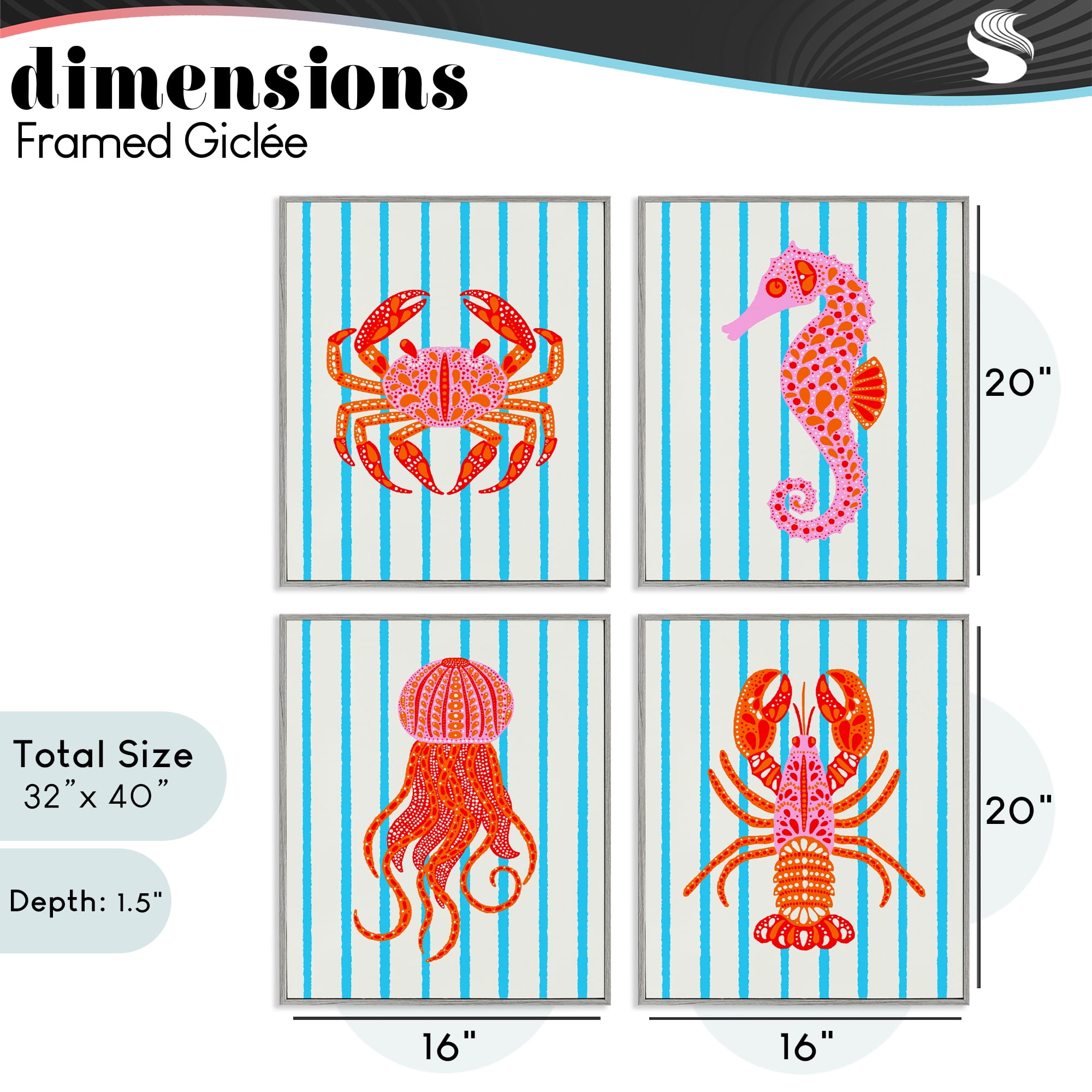 Stupell Industries Bright Sea Creatures on Stripes 4 Piece Gray Framed Giclee Art Set, design by Indira Prieto | IndySign