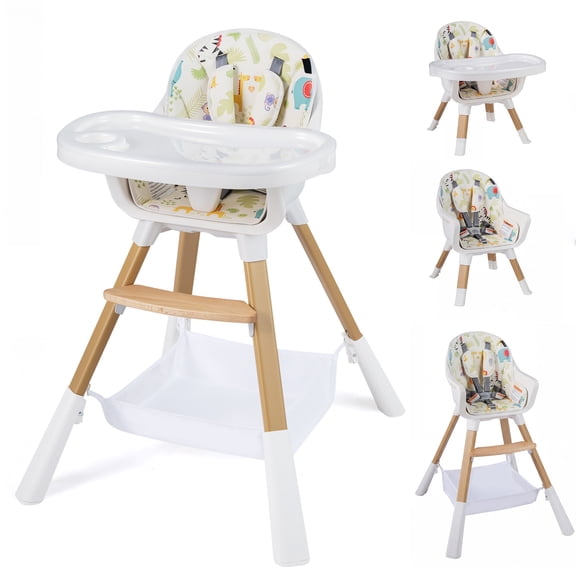 ELLEGNT Babies and Toddlers 4-in-1 Convertible High Chair, Multi-Use Baby Feeding Highchair with Adjustable Height Legs, Dishwasher-Safe Removable Tray, Harness, Storage Basket and PU Seat Cushion