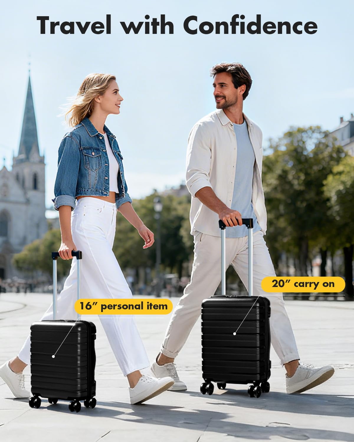 16 Inch Airline Approved Underseat Carry On Luggage, Lightweight Hard Shell Personal Item Suitcase with TSA Lock & Spinner Wheels, Black for Travel