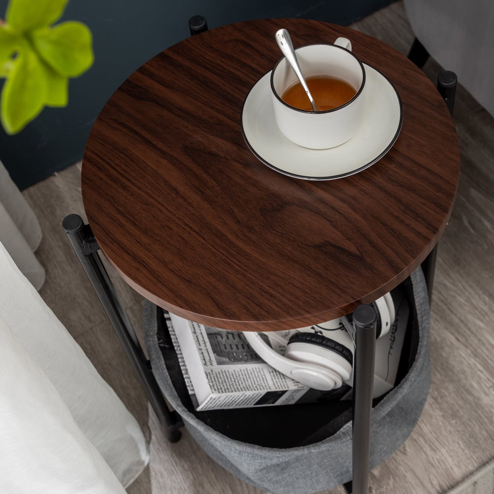 Private Jungle Double-layer Round Tea Table with Detachable Tray Top and Fabric Storage Basket, Gray Private Jungle Double-layer Round Tea Table with Detachable Tray Top and Fabric Storage Basket, Gray
