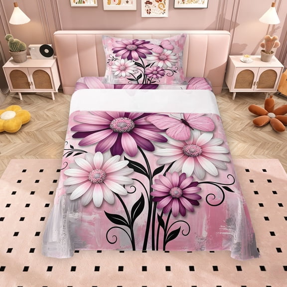 Erosebridal Pink Daisy Twin Sheet Sets for Girls, Watercolor Ombre Bedding, 3 Pieces, 1 Flat Sheet 1 Fitted Sheet and 1 Pillowcase