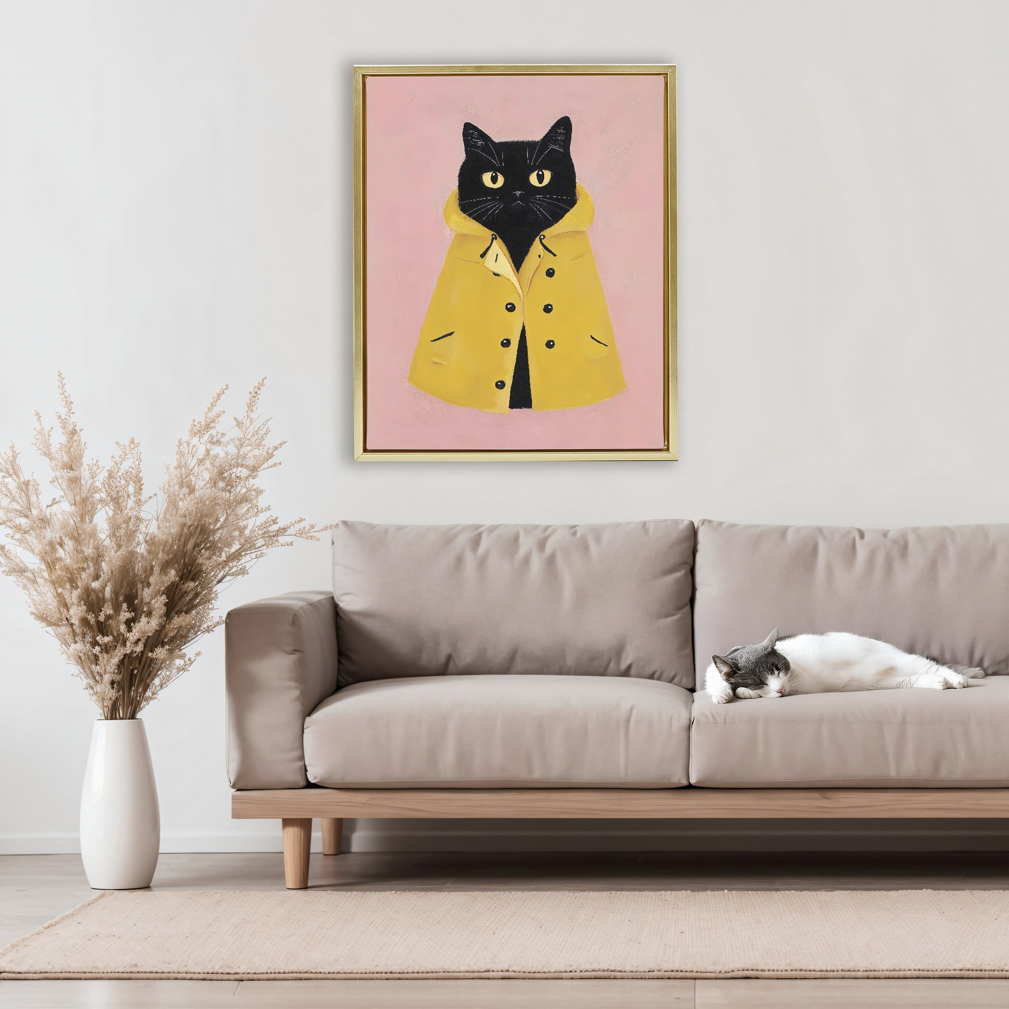 Stupell Industries Black Cat in Yellow Raincoat Gold Framed Floater Canvas Wall Art, design by The Prints Vibe