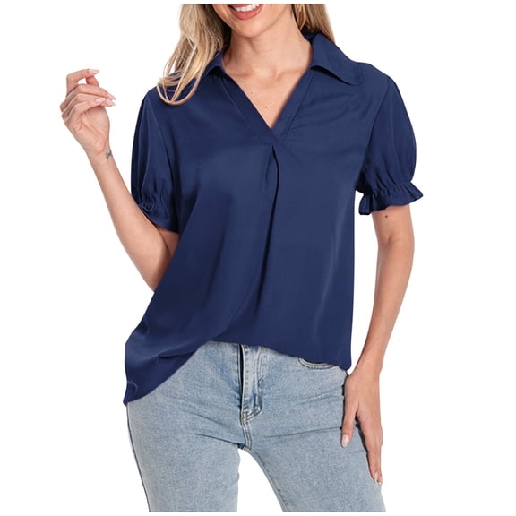 TKLPEHG Womens Short Sleeve Blouses V-Neck Chiffon Shirt Fashion Short Sleeve T Shirt Casual Comfy Summer Clothes Lightweight Loose Solid Color Blouses (Blue,L)