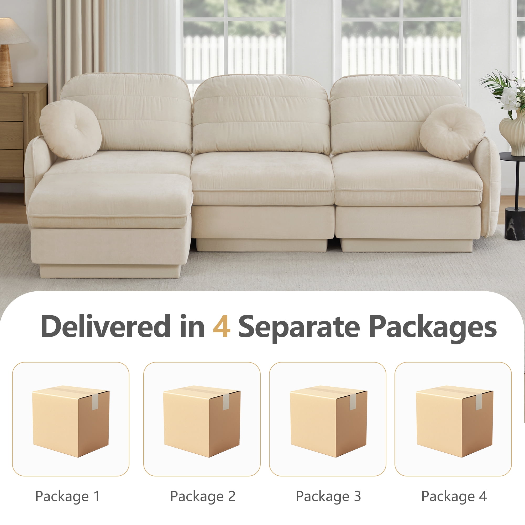 Mintazer 105" Chenille Cloud 3-Seater Modular Sectional Sofa with Movable Ottoman & Round Pillows, L-Shaped Ergonomic Sofa Couch for Living Room, Apartment, Cream