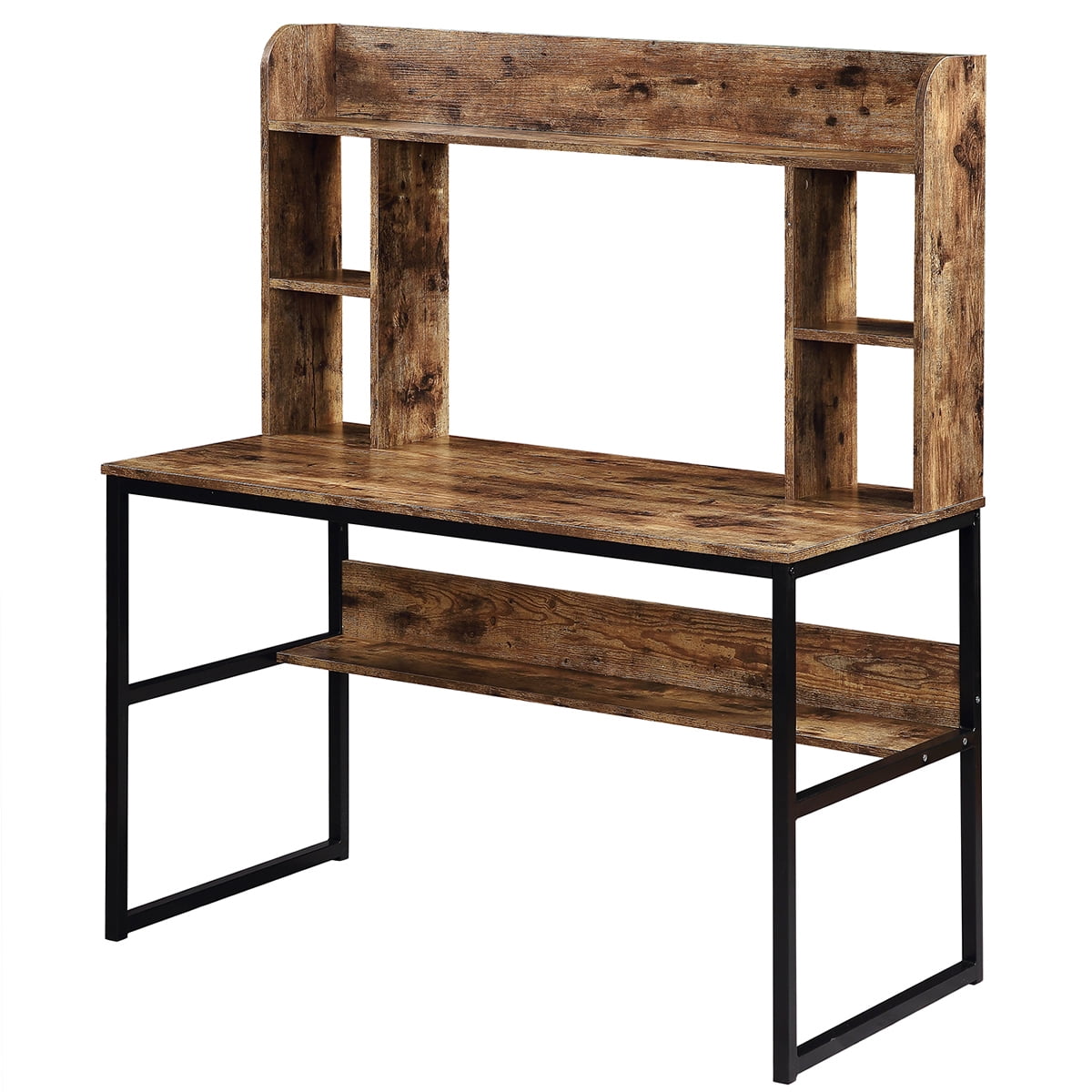 47" Rustic Computer Desk with Hutch, Home Office Desk and Modern Writing Desk with Storage Shelves