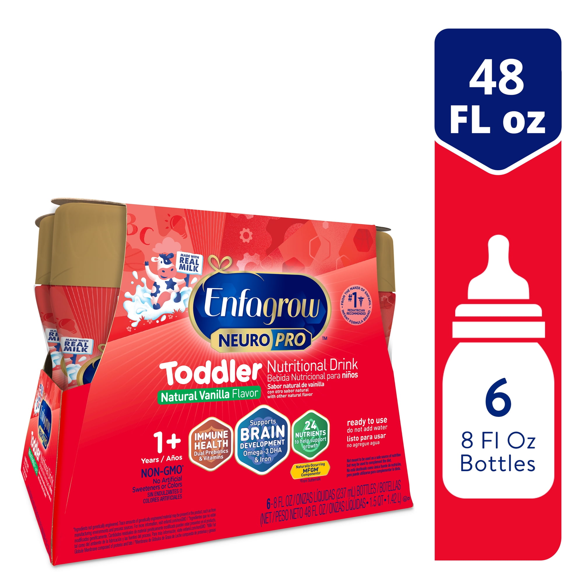 Enfagrow NeuroPro Toddler Nutritional Drink Omega-3 DHA Prebiotics Natural Vanilla Flavor Ready-to-Feed Liquid 8 fl oz Bottle (6 Bottles)