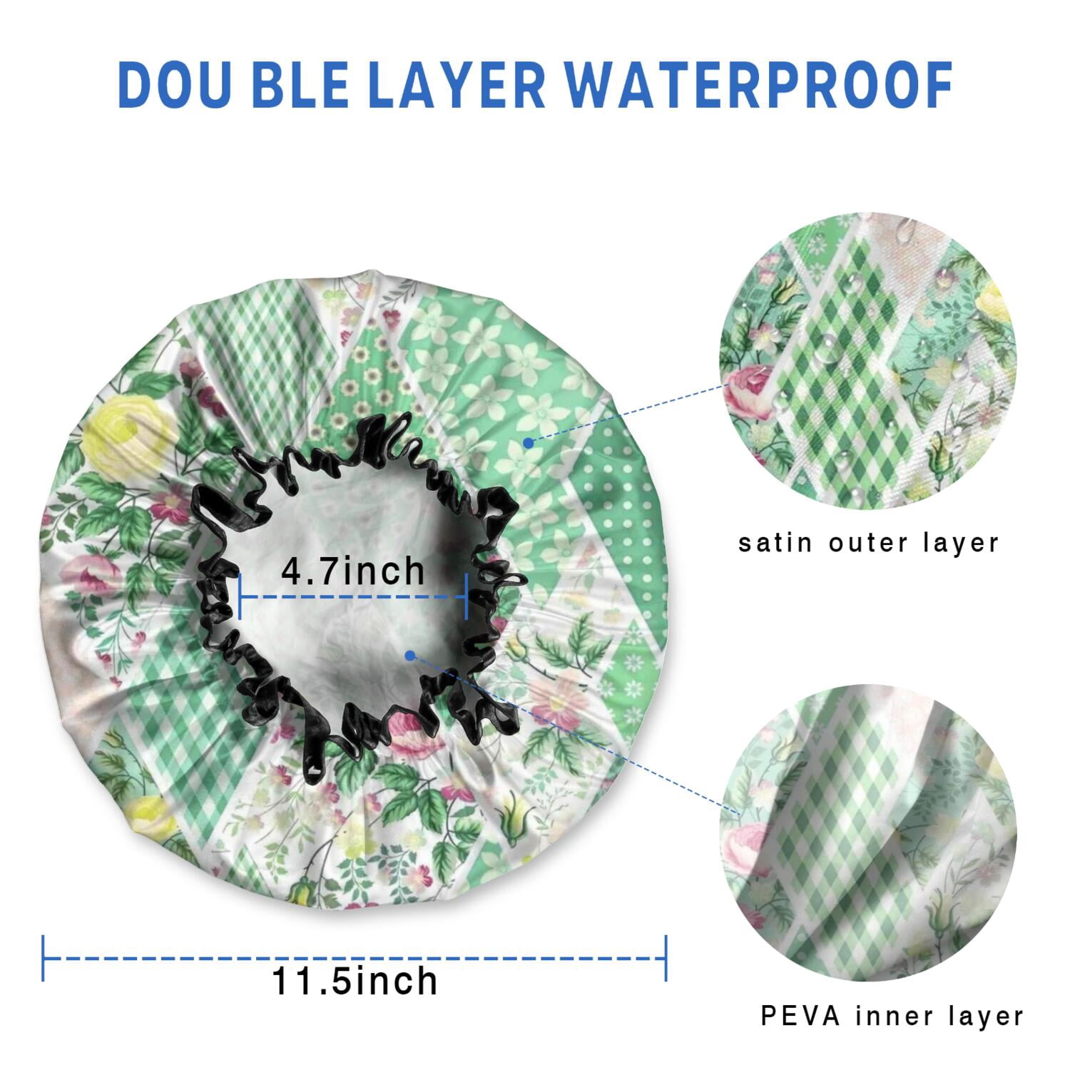 Shower Caps,Pioneer Flower Floral Print Pattern Waterproof Shower Cap for Women 4 Pieces,Double Reusable Hair Cover for Shower PEVA Elastic Stretch Hem