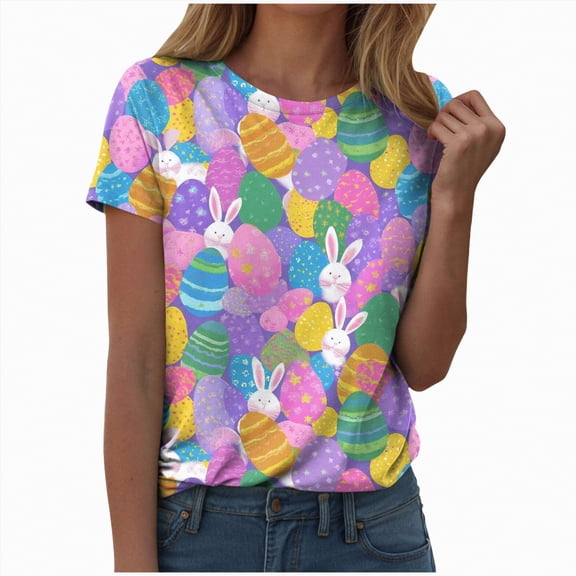 UngA Easter T-Shirts for Women Happy Bunny Eggs Plaid Leopard Printed Tee Tops Short Sleeve Graphic Easter Shirt Women (Hot Pink,S)