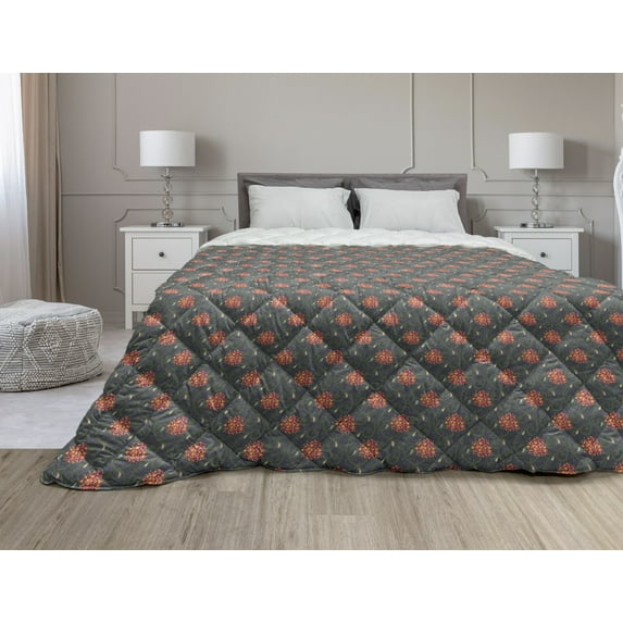 Botanical Down Alternative Comforter, Autumn Toned Foliage Nature Herbs Field Berry Branches Bush Growth, Microfiber Quilt for All Season, 5 Sizes, Orange Pink White, by Ambesonne