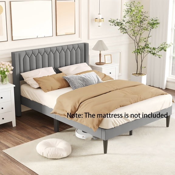 Auranook Queen Size Bed Frame Linen Fabric Upholstered Platform Bed w/Wingback Headboard