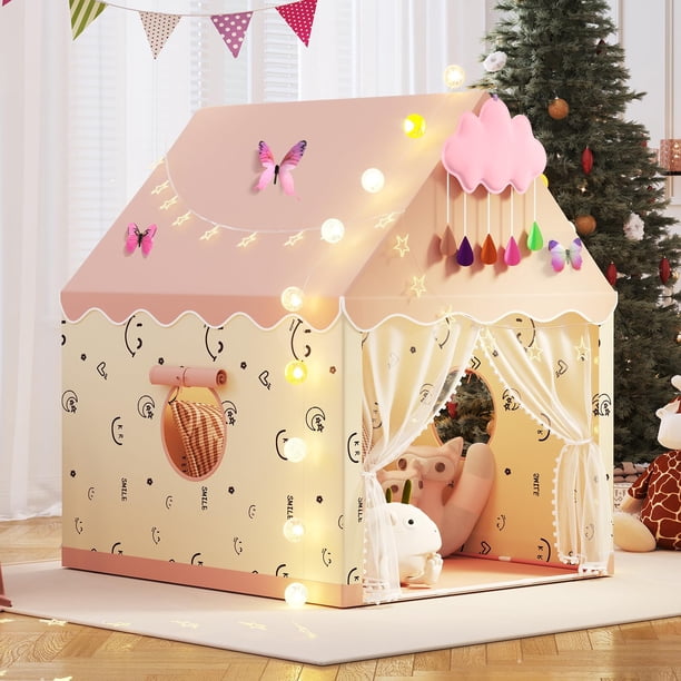 Tienda de campaña Tmsluody Princess para interiores con luces para niños, color rosa
