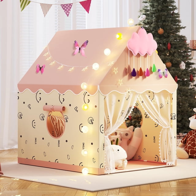Tienda de campaña Tmsluody Princess para interiores con luces para niños, color rosa