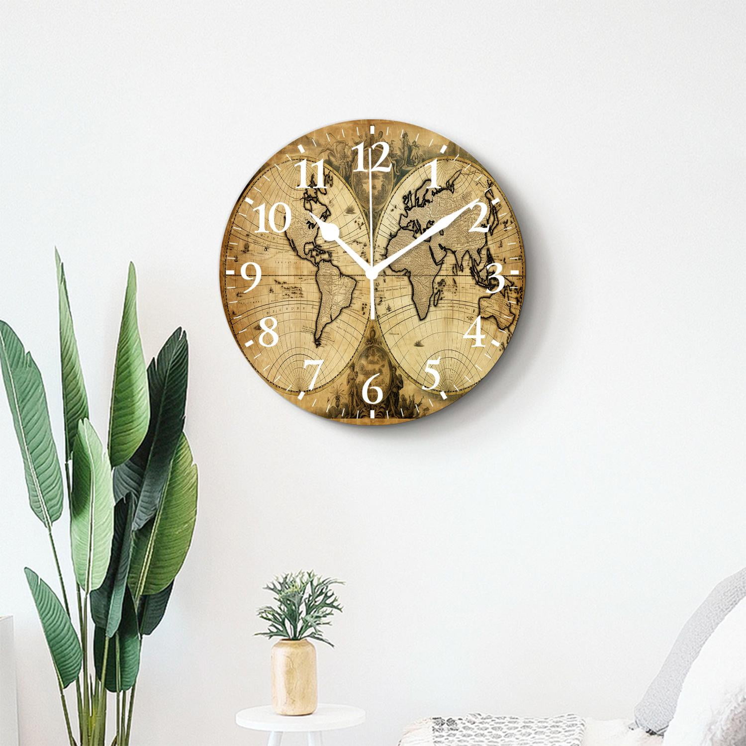 10 Inch Wall Clock Battery Operated Silent Clock Decorative for Office, Kitchen, Outdoor, Living RoomRetro World Map