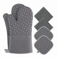thumbnail image 1 of Juego de 6 manoplas y agarraderas para horno, resistentes al calor (500 grados), extra largas, con superficie de silicona antideslizante para cocinar (gris), 1 of 5