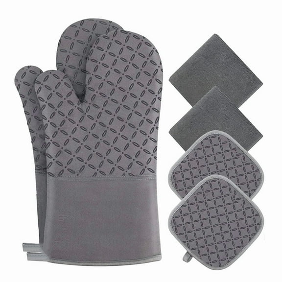 6pcs Oven Mitts & Pot Holders Set - High Heat Resistant Up to 500°F, Extra Long Gloves with Non-Slip Silicone Surface | Grey, for Kitchen Cooking & Baking