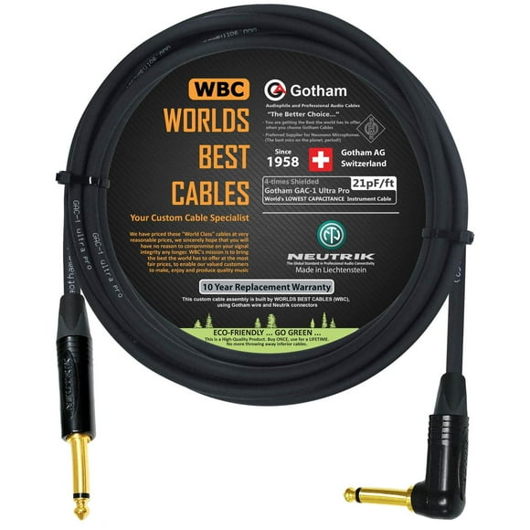 Cable de Instrumento Gotham GAC-1 Ultra Pro 12 Pies Premium Neutrik Gold recto a ángulo para Guitarr