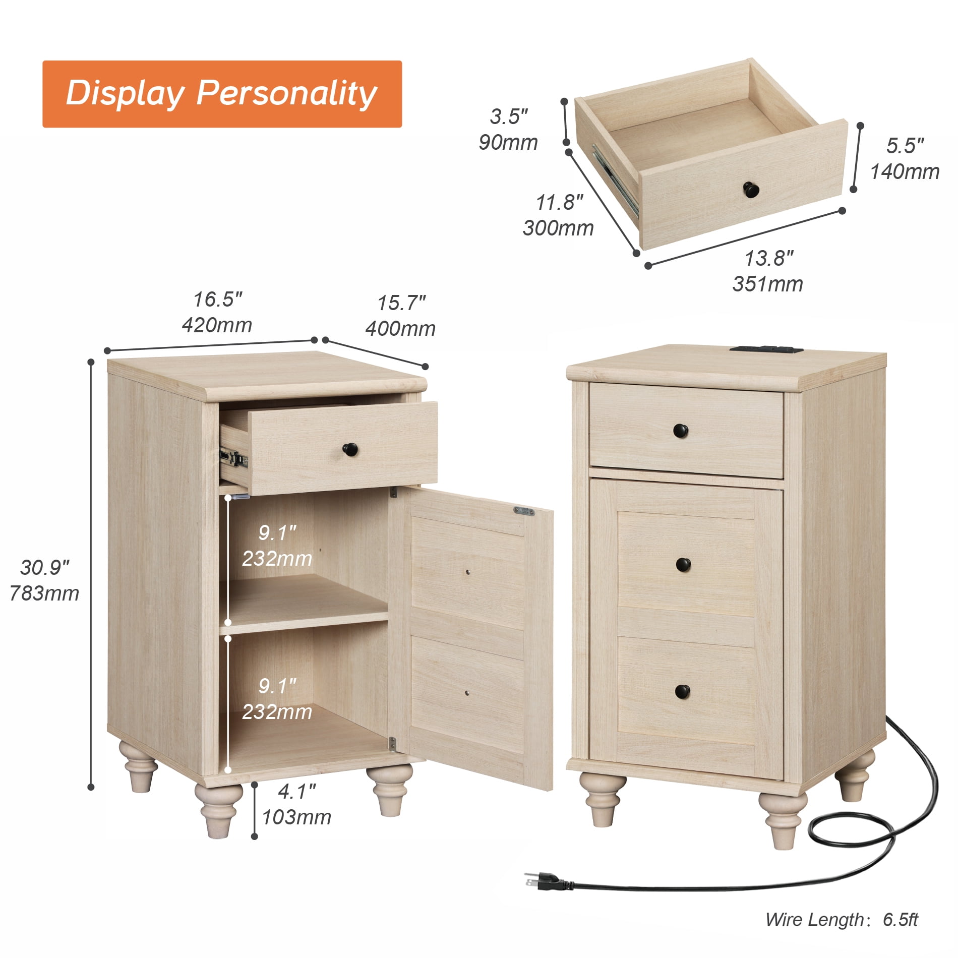 Light Beige End Table Set, 2-Drawer Chest of Drawers for Entryway