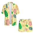 thumbnail image 4 of FKEKYI Women's Short Set 2 Pcs for Summer Open Front Top & Shorts with Elastic Waist Yellow Flower Leaf Print Lightweight Beach Set Resort Wear for Home Lounging, M, 4 of 7
