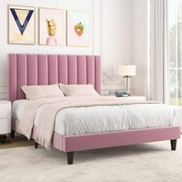 Allewie Queen Velvet Upholstered Bed Frame with Vertical Channel Tufted Headboard (Light Pink)