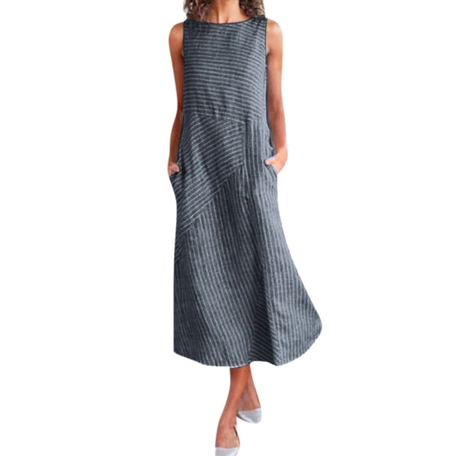 RKSTN Robes pour Femmes 2023 Décontracté à Rayures Imprimé Robe Sans Manches Col Rond Coton et Lin Poche Robe Maxi