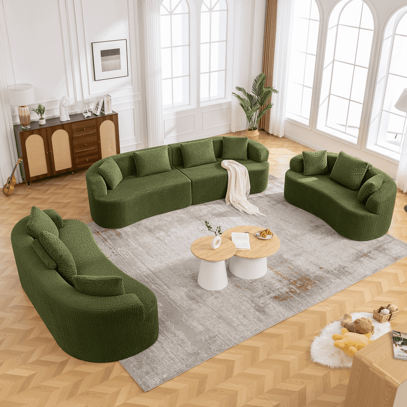 ATHOPE 86" Curved Cloud Couch, Boneless Sofa for Small Space, Plush Teddy Fabric Modern Couch with 3 Throw Pillows, Comfy Floor Love Seat for Living Room, Bedroom, Green