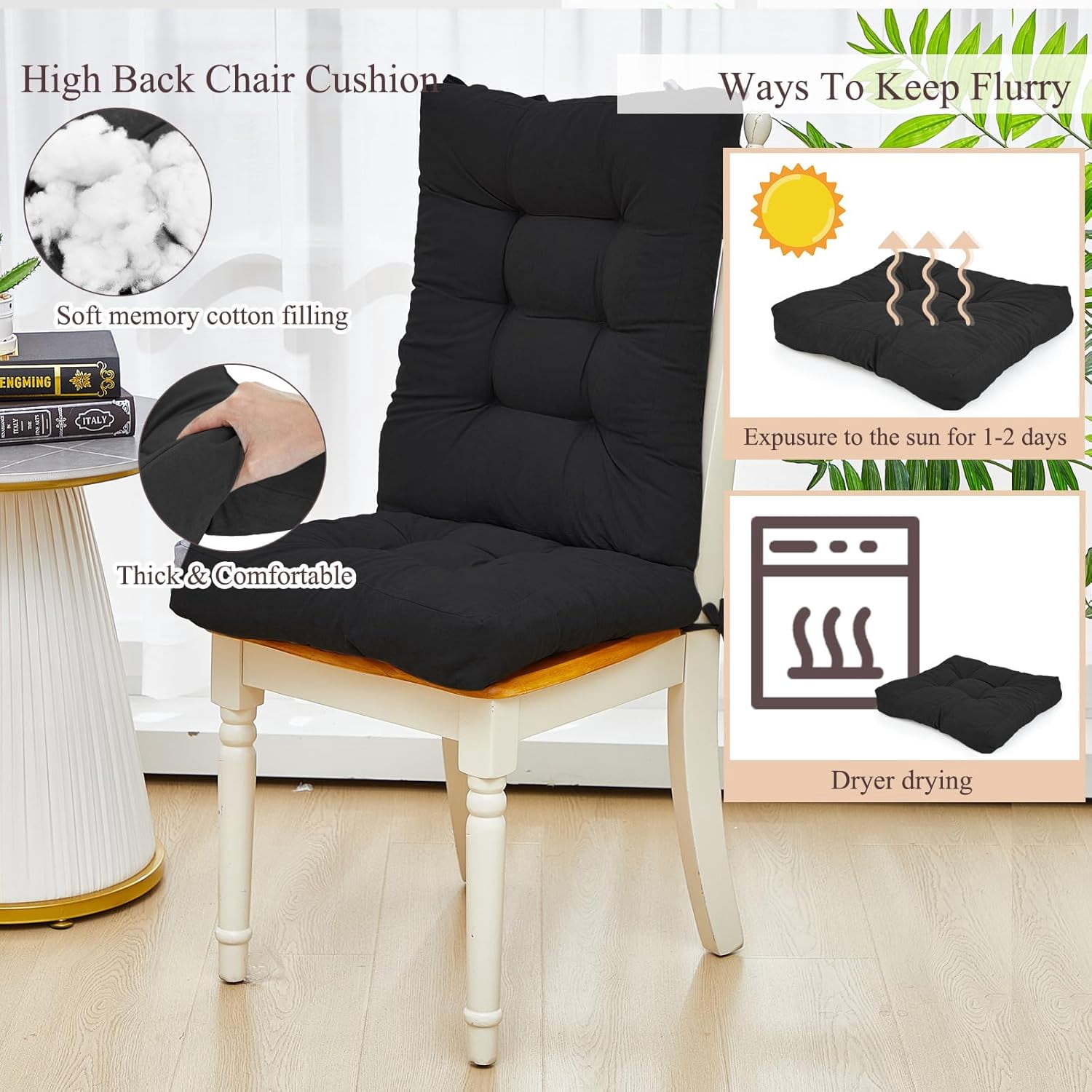 4 Sets Outdoor Patio Chair Cushions Seat High Back Tufted Pillow Replacement Rocking Chair Cushions Pads for Patio Summer Seasonal Indoor Home Office(Black)