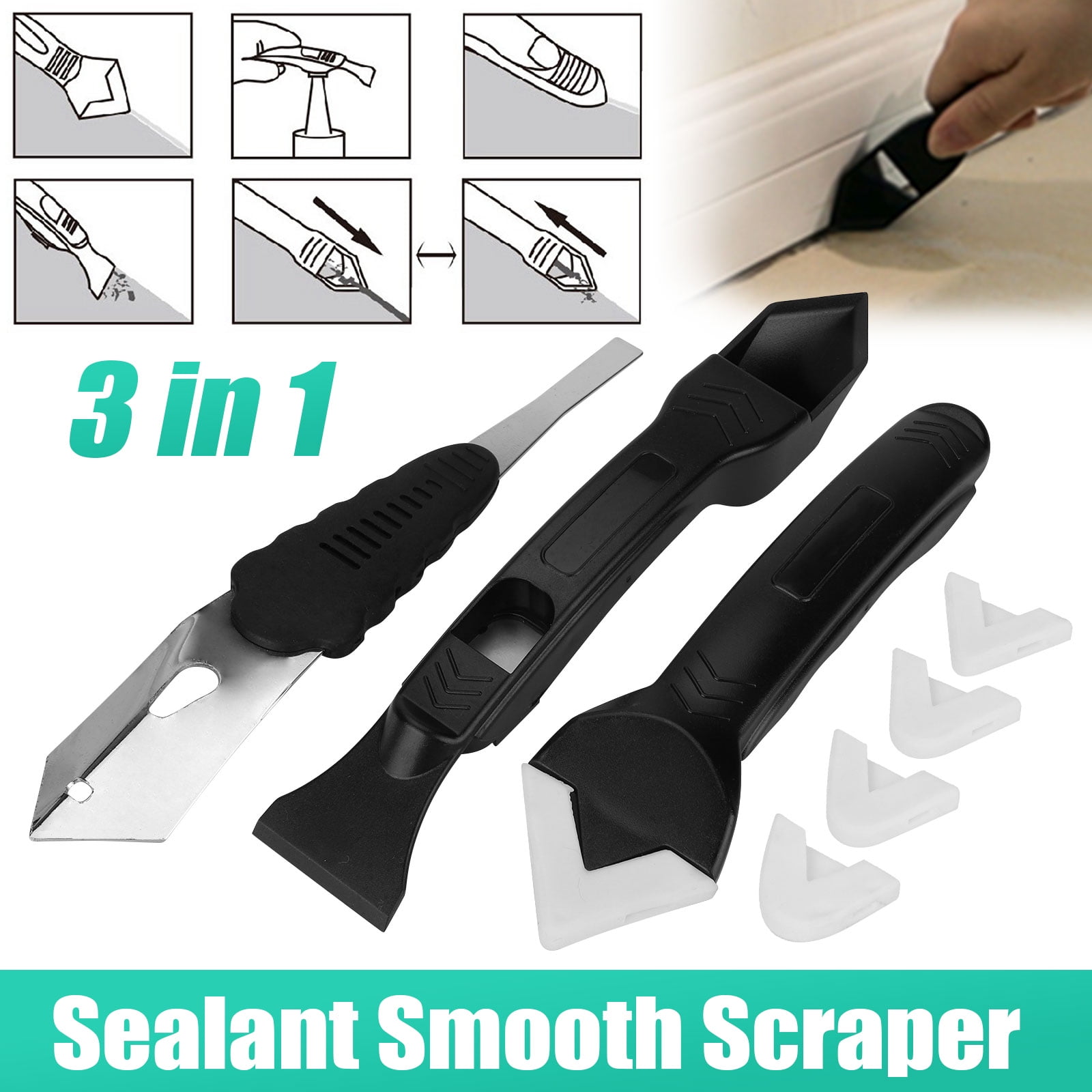 Worktops Sealant Remover Silicone Tool 3 In 1 Caulking Mould Grout Bath 