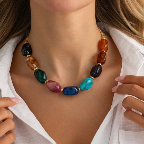 PISONIC Women Multicolor Irregular Beaded Choker Necklace, Vintage Mixed Color Statement Collar Necklace