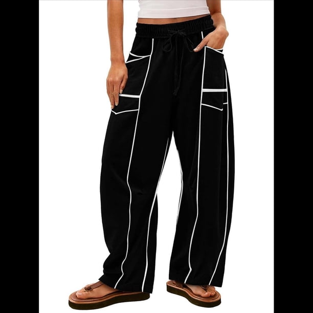 Pantalones de Mujer Holgados de Pierna , Estilo Palazzo, Informales, con Cordón en la Cintura y Bolsillos. Negro M
