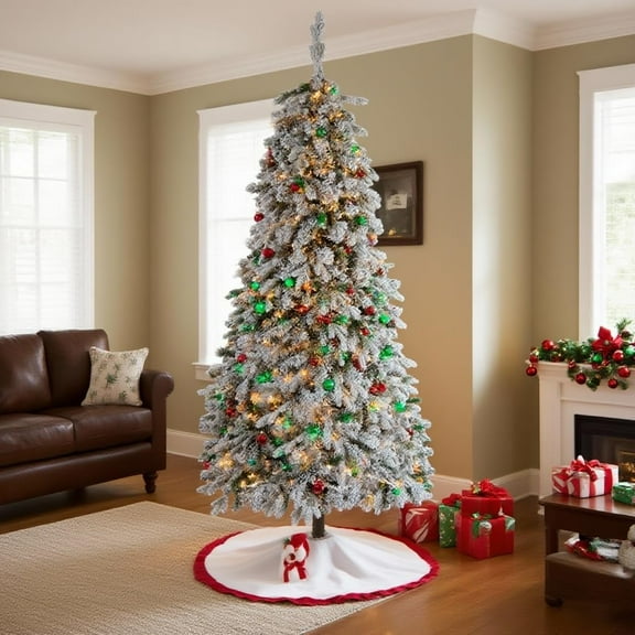 Historyli 6Ft Snow Flocked Xmas Tree ,Artificial Christmas Tree with 688 PE Branch Tips,230 Colorful Lights,Metal Stand,Full & Realistic Appearance