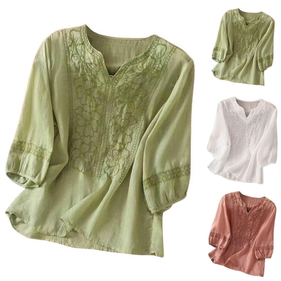Linen Tops For Women Embroidered 3/4 Sleeve Bohemian Peasant Shirts V Neck Boho Spring 2026 Gauze Cotton Blouse Tunic Green XL