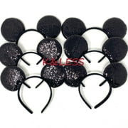 Pack of 12 All Black Shiny Sequin non-reversible Black Ears Mickey Mouse Ears & Minnie Mouse Headband