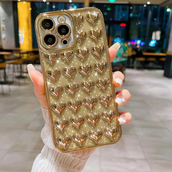 Compatible with iPhone 13 Pro Max Glitter Case, Plating Bling 3D Love Heart, Cute Love Hearts Sparkle Phone Case for Women Girls, Soft TPU Full Camera Shockproof Protective Clear Case-Gold