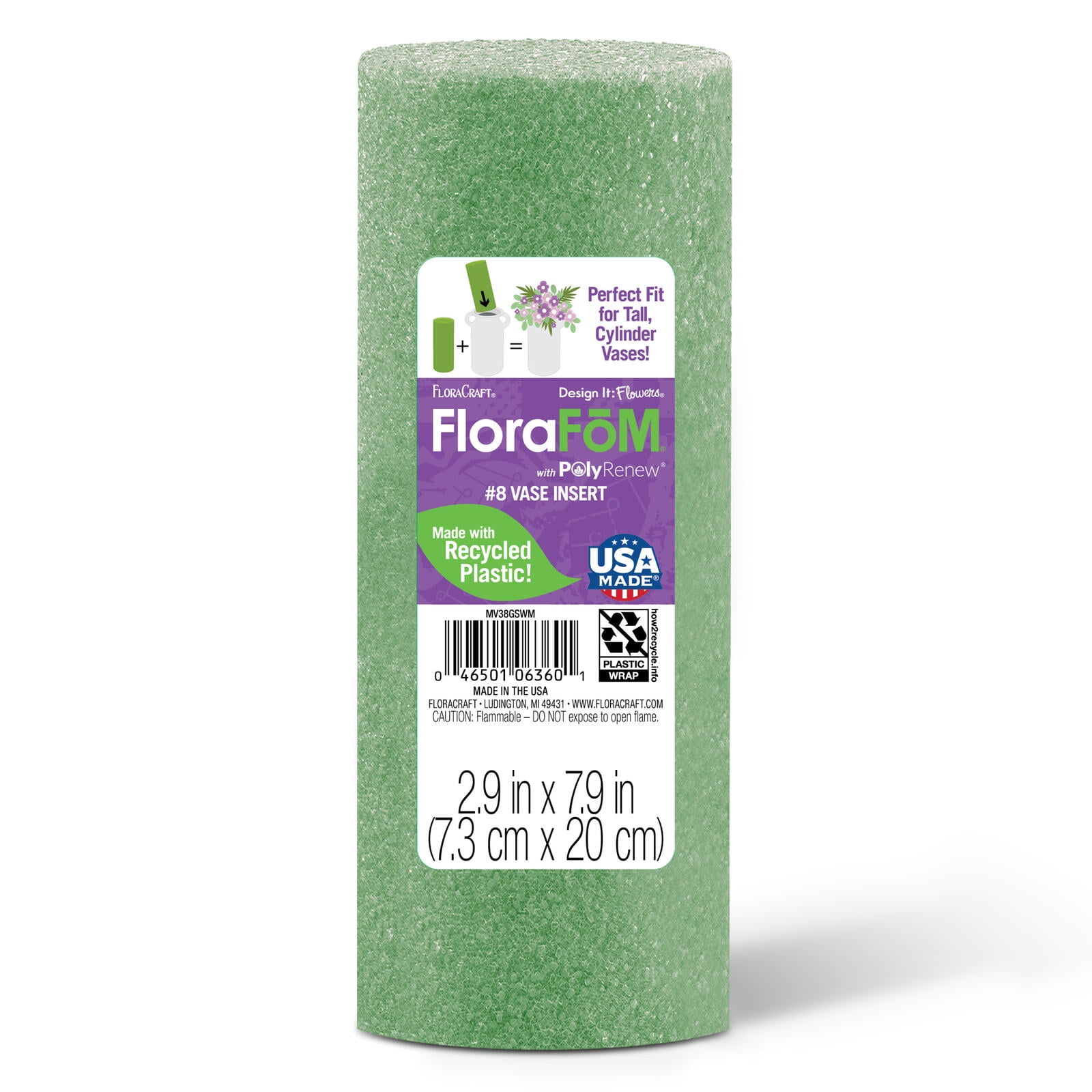 (2 pack) FloraCraft FloraFōM Vase Insert 2.9 inch x 7.9 inch Green