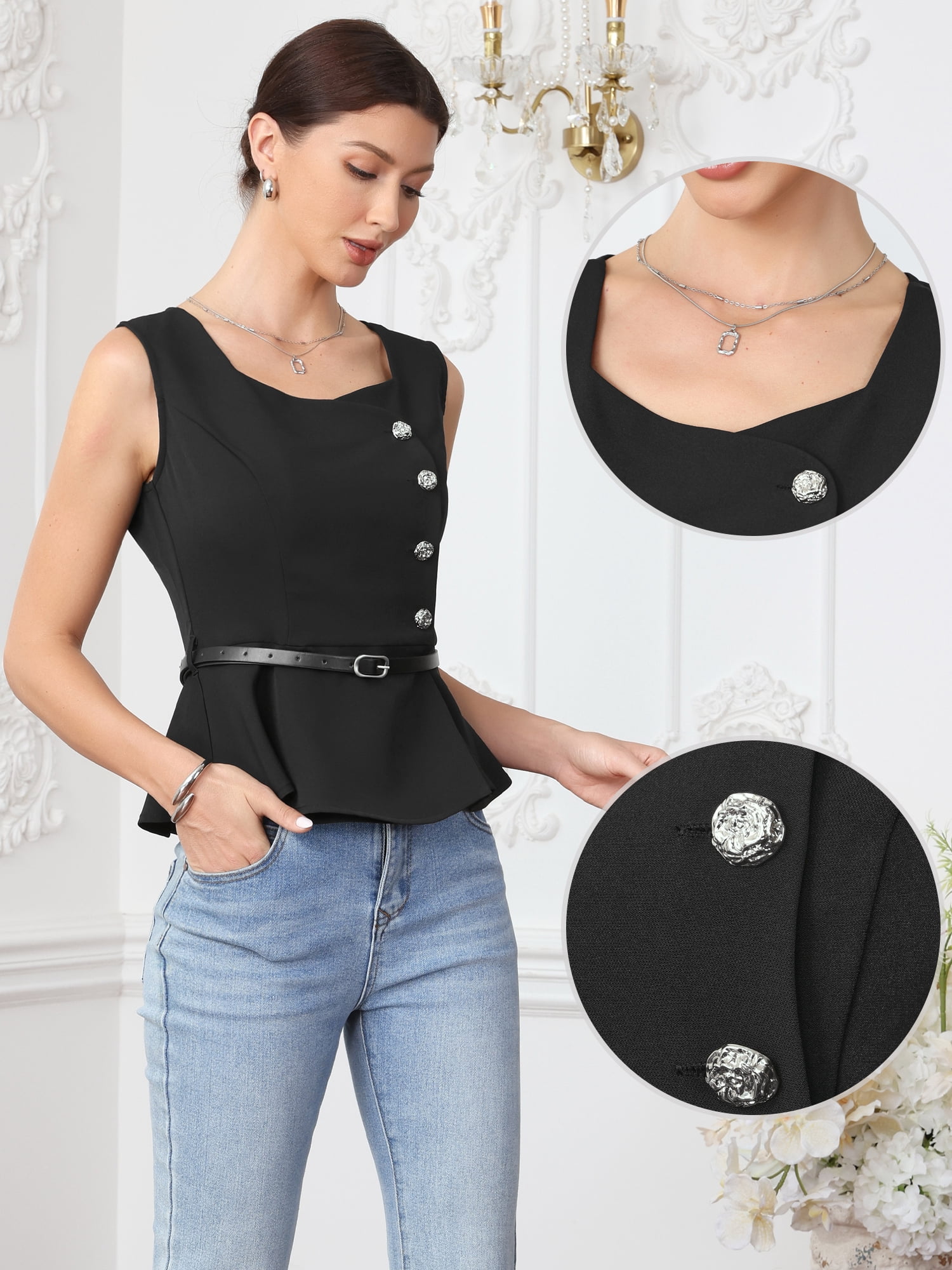 DARING DIVA Women's Business Casual Tops Summer Sleeveless Button Down Blouses L Black
