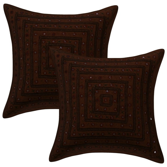 Stylo Culture Ethnic Sofa Throw Pillow Covers 16x16 Embroidered Mirror Lace Dark Brown Bohemian 40x40 cm Lounge Decor Cotton Geometric Square Cushion Covers | Set Of 2