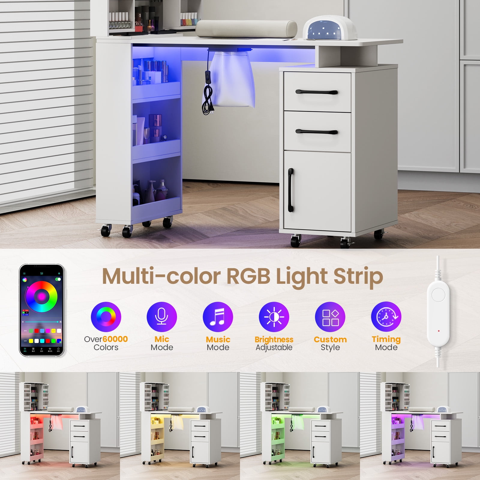 Advwin Professional Manicure Table with Extendable Nail Polish Cabinet, Dust Collector, LED Light & Wrist Rest, Rolling Nail Desk for Nail Tech, Beauty Nail Station for Home & Salon, White