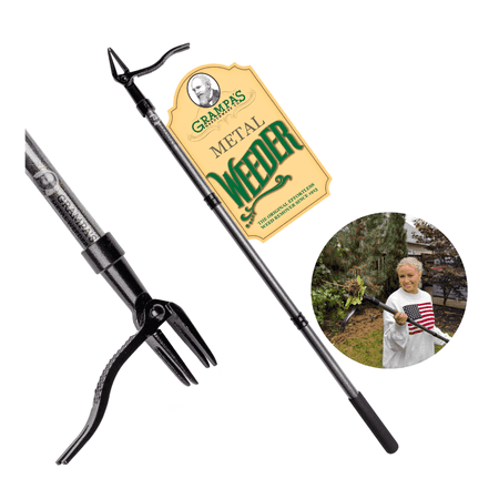 grampa s metal weeder - stand up weed puller tool with steel long handle - made with all steel handle & 4-claw steel head - easily remove weeds without bending  pulling  or kneeling (black)